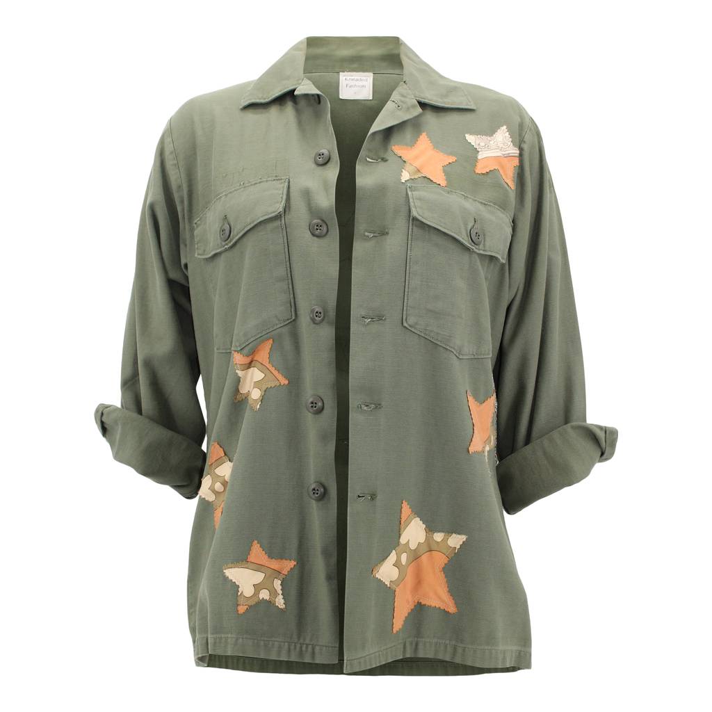 Vintage Military Jacket Reclaimed With Silk Scarf Stars sz Large