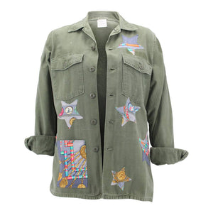 Vintage Military Jacket Reclaimed With Silk Scarf Stars sz Medium