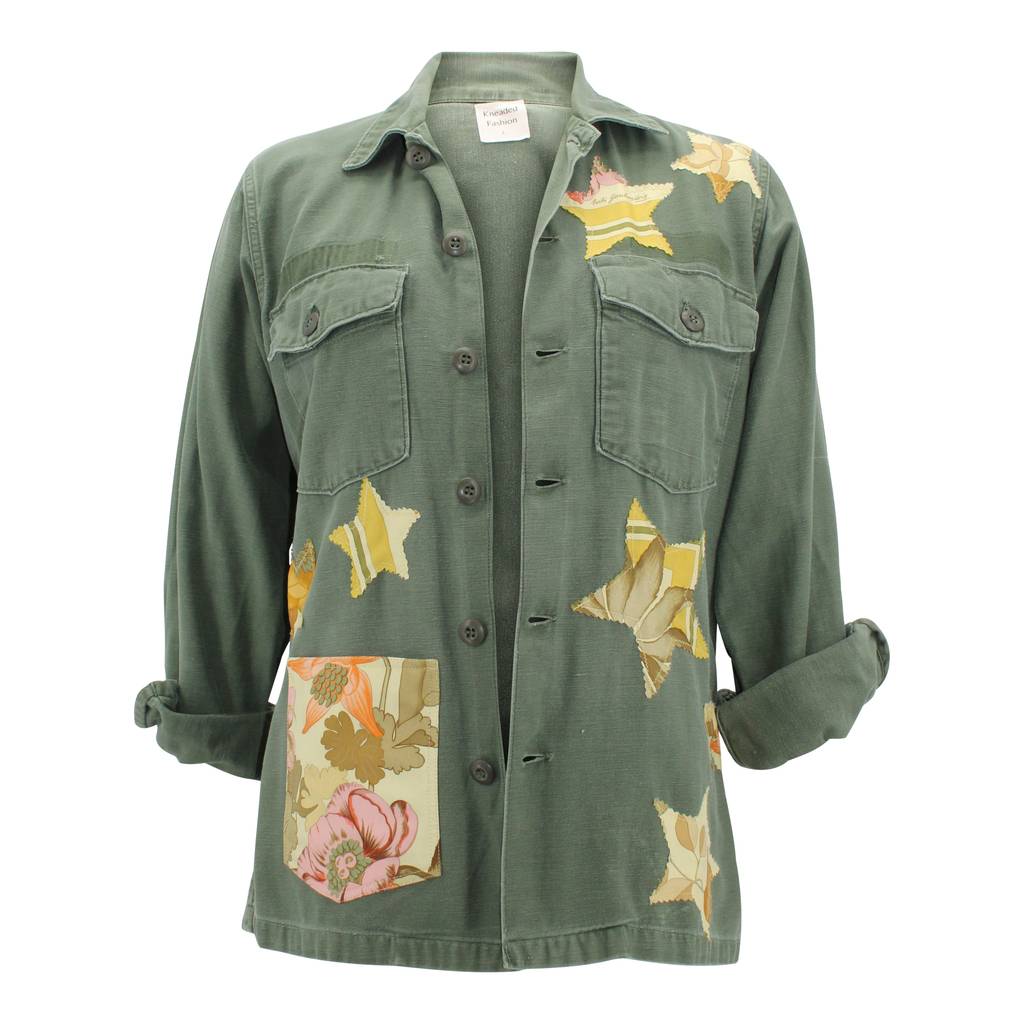 Vintage Military Jacket Reclaimed With Silk Scarf Stars sz Large