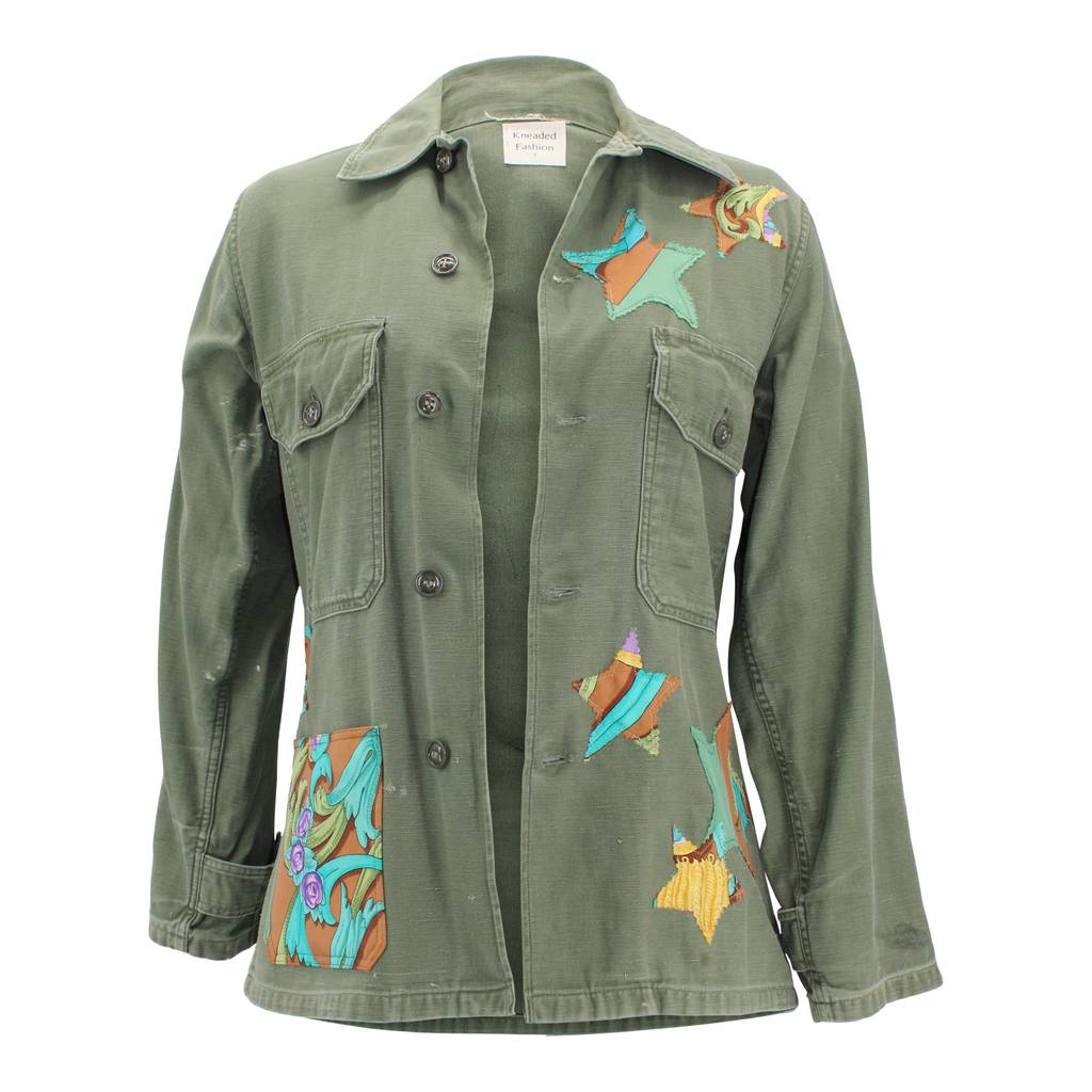 Vintage Military Jacket Reclaimed With Silk Scarf Stars sz Small