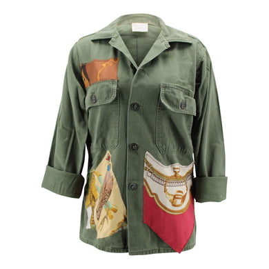 Vintage Military Jacket Reclaimed With Applique From Multiple Silk Scarves