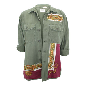 Vintage Military Jacket Reclaimed With Silk "Bride De Cour" Scarf