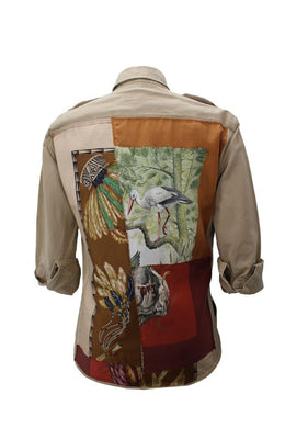Vintage Military Jacket Reclaimed With Applique From Multiple Silk Scarves