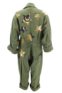 Vintage Military Coveralls Reclaimed With Silk "Armes De Chasse" Scarf Stars