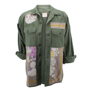 Vintage Military Jacket Reclaimed With Silk "Fleurs et Raisins" Scarf