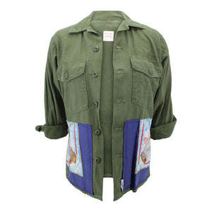 Vintage Military Jacket Reclaimed With Silk "Vive Le Vent" Scarf