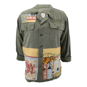 Vintage Military Jacket Reclaimed With Silk "Real Escuela Andaluza" Scarf