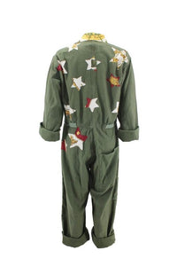 Vintage Military Coveralls Reclaimed With Silk "Les Cles" Scarf Stars, Collar, & Pocket