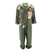 Load image into Gallery viewer, Vintage Military Coveralls Reclaimed With Silk &quot;Les Cles&quot; Scarf Stars, Collar, &amp; Pocket