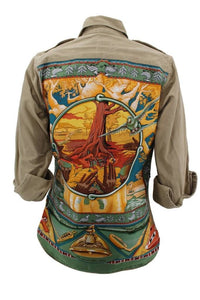 Vintage Military Jacket Reclaimed With Silk "Au Son Du Tam-Tam" Scarf