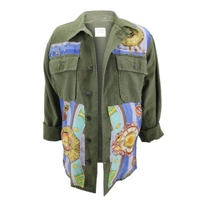 Vintage Military Jacket Reclaimed With Silk "La Ronde des Heures" Scarf