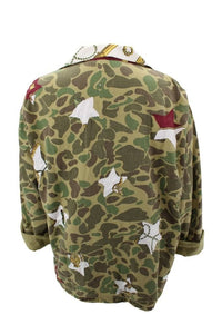 Vintage Military Jacket Reclaimed With Silk "Les Cles" Scarf Stars, Collar, & Pocket